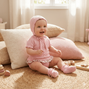 Traje 4P canesú corto, culotte punto con gorro y patucos menguado VIVIANA MAC ILUSION